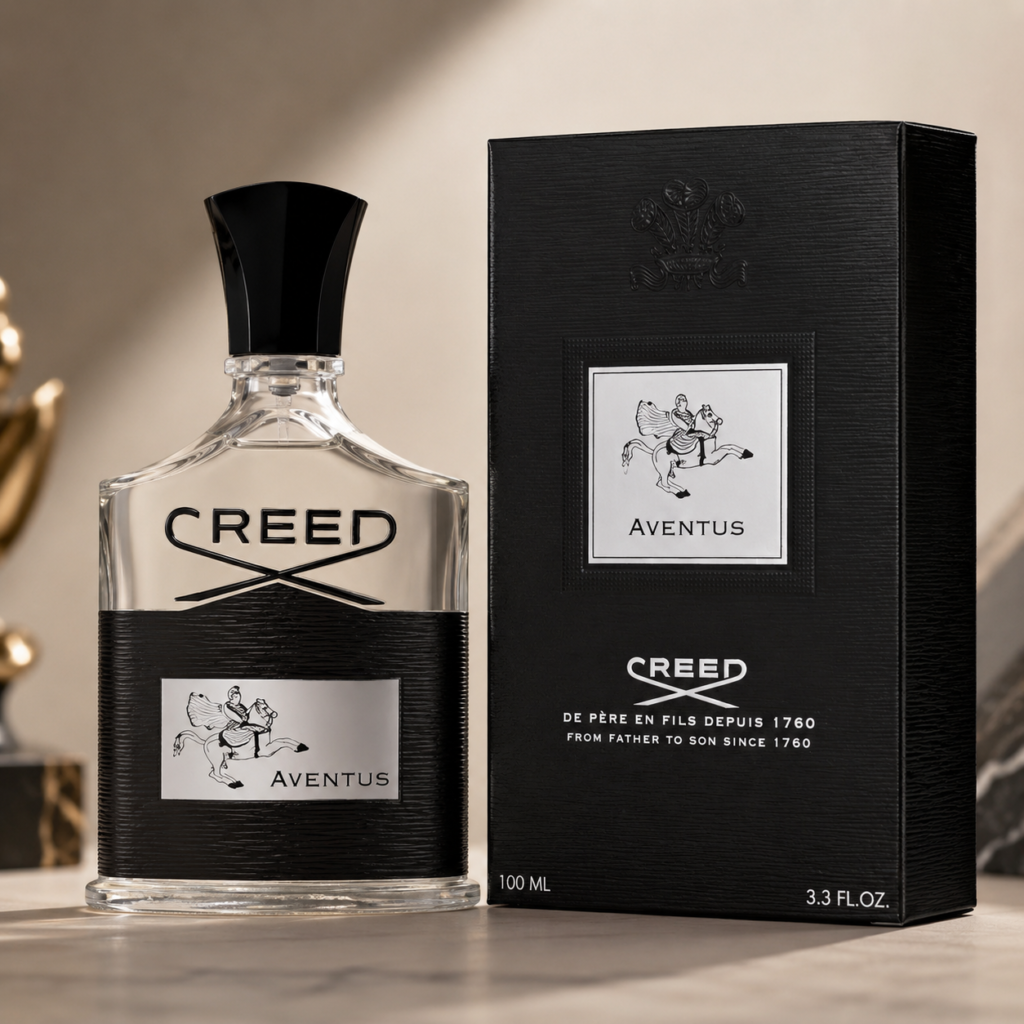 Creed Aventus Eau de Parfum bottle and original box displayed on a clean luxury background, showcasing the iconic men's fragrance.