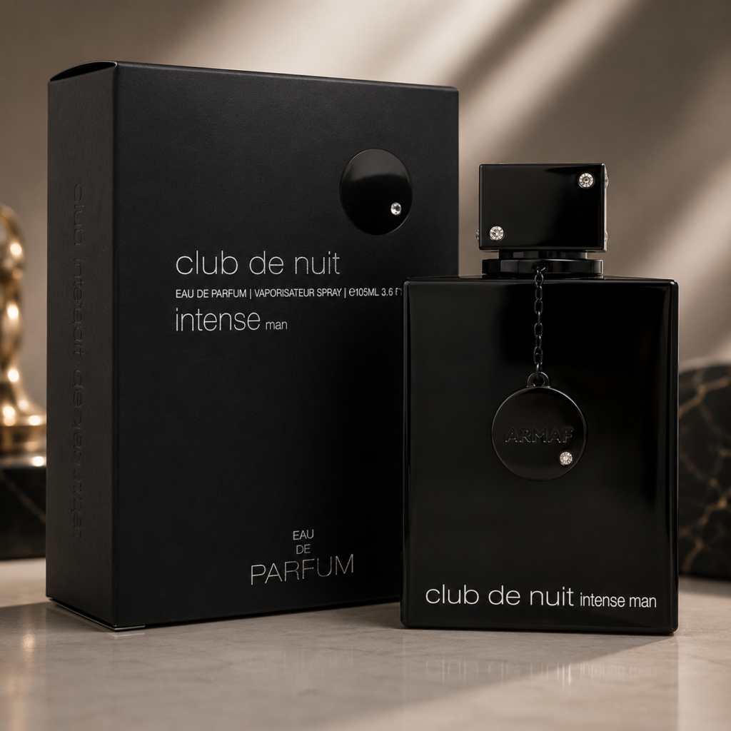 Armaf Club de Nuit Intense Man Eau de Parfum bottle and original box displayed on a clean luxury background, showcasing the men's fragrance.