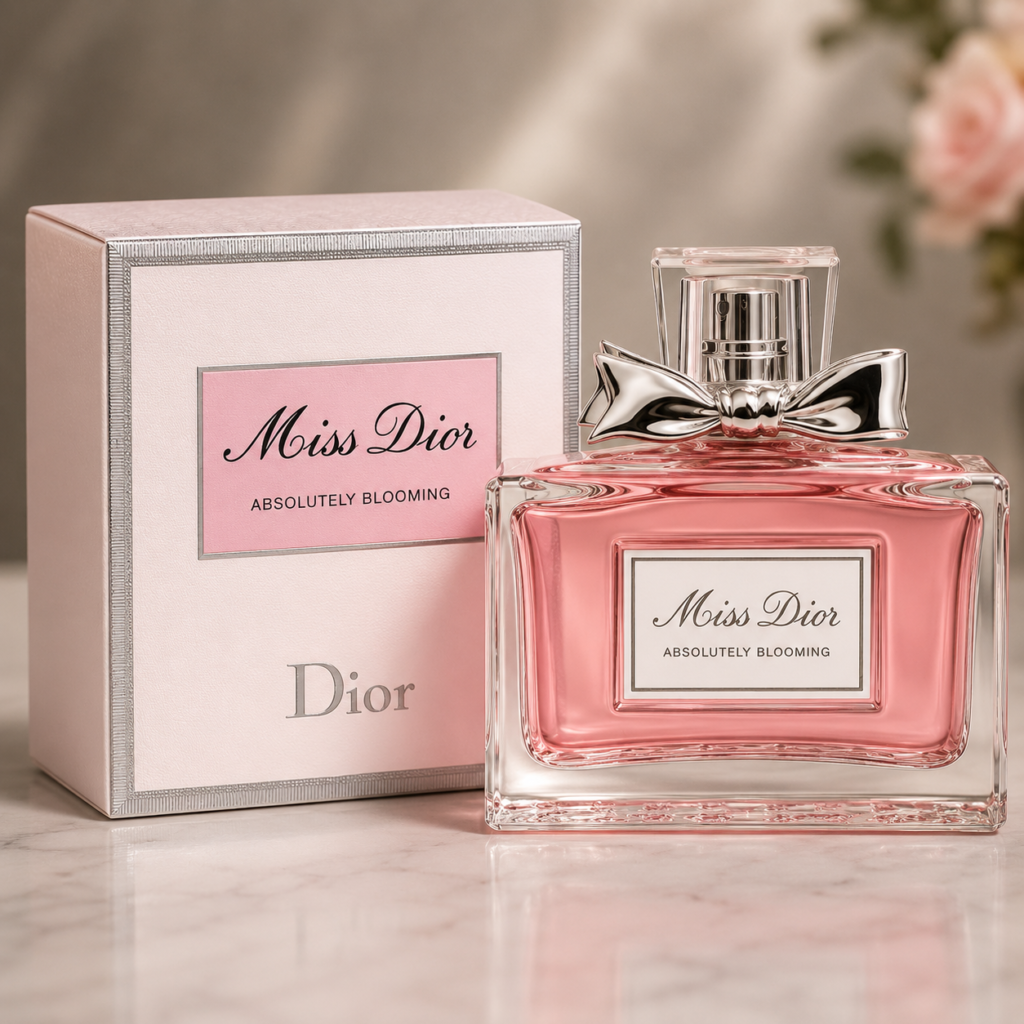 Miss Dior Absolutely Blooming Eau de Parfum bottle and original box displayed on a clean luxury background, showcasing the women's floral fragrance.