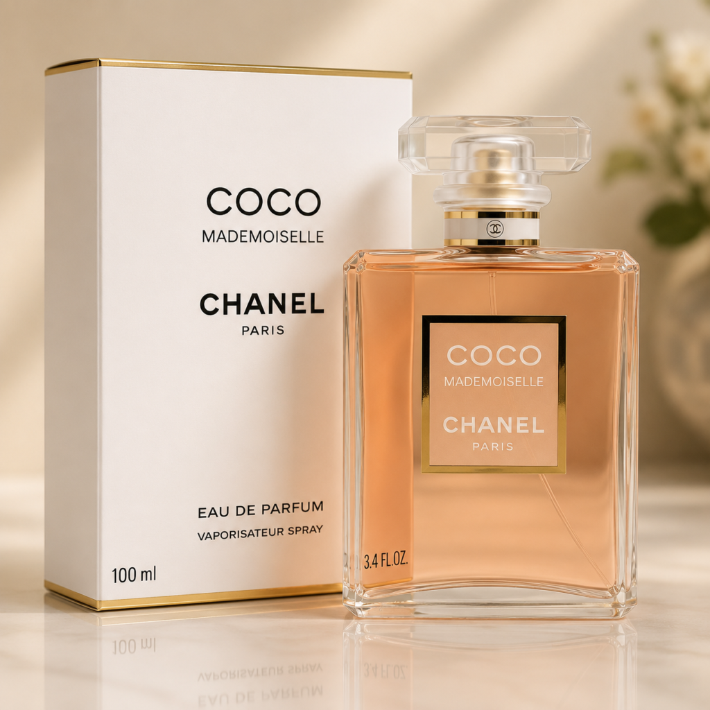Chanel Coco Mademoiselle Eau de Parfum bottle and original box displayed on a clean luxury background, showcasing the iconic women's fragrance.