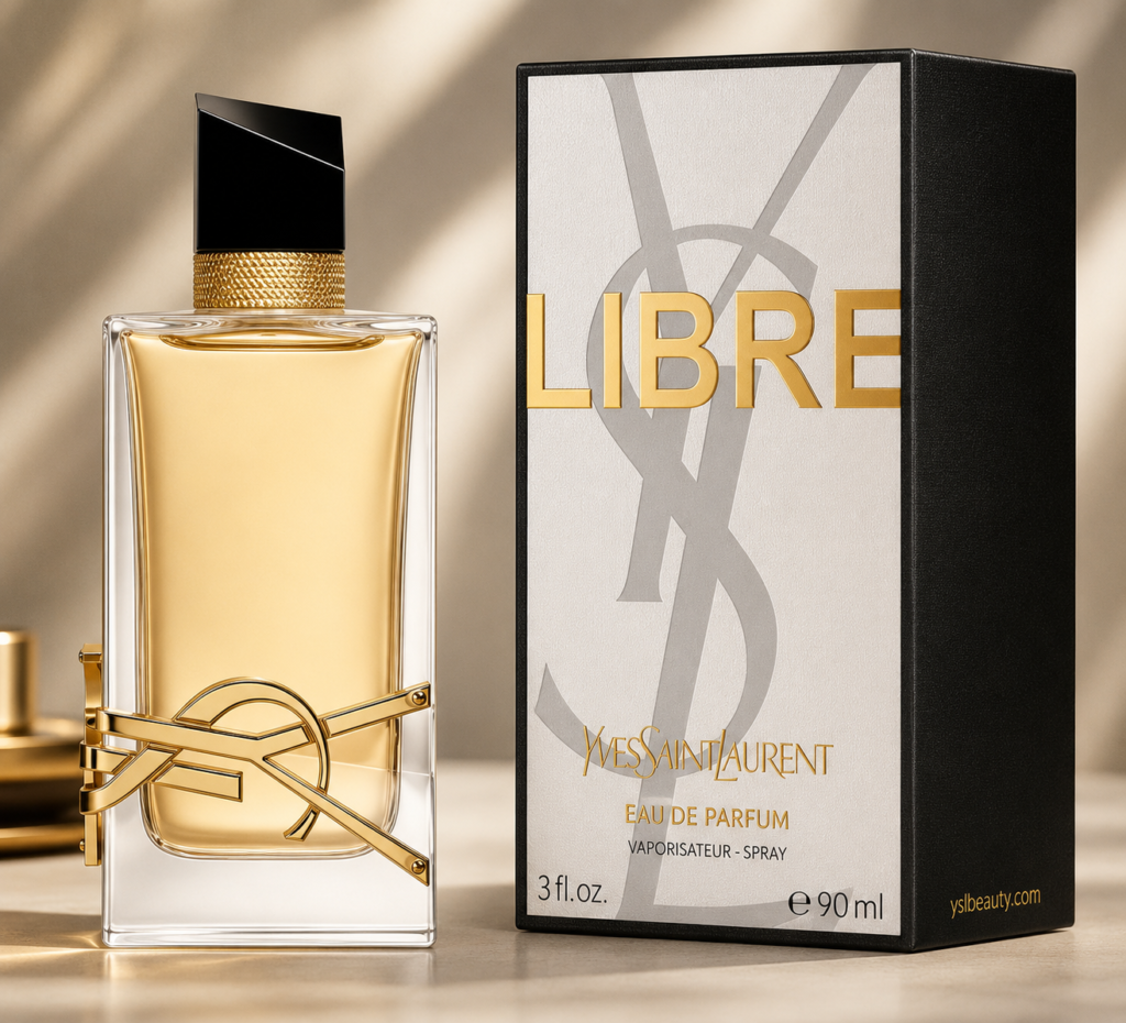 YSL Libre Eau de Parfum bottle and original box displayed on a clean luxury background, showcasing the iconic women's fragrance.