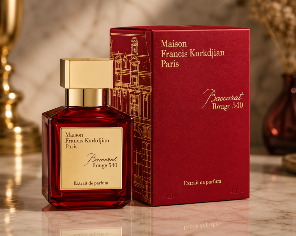 Maison Francis Kurkdjian Baccarat Rouge 540 Eau de Parfum bottle and original red box displayed on a clean luxury background, showcasing the iconic unisex fragrance.