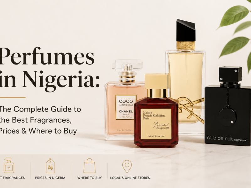 Luxury perfume bottles featured in a minimalist banner for a complete guide to the best perfumes in Nigeria, fragrance prices, and where to buy authentic perfumes.